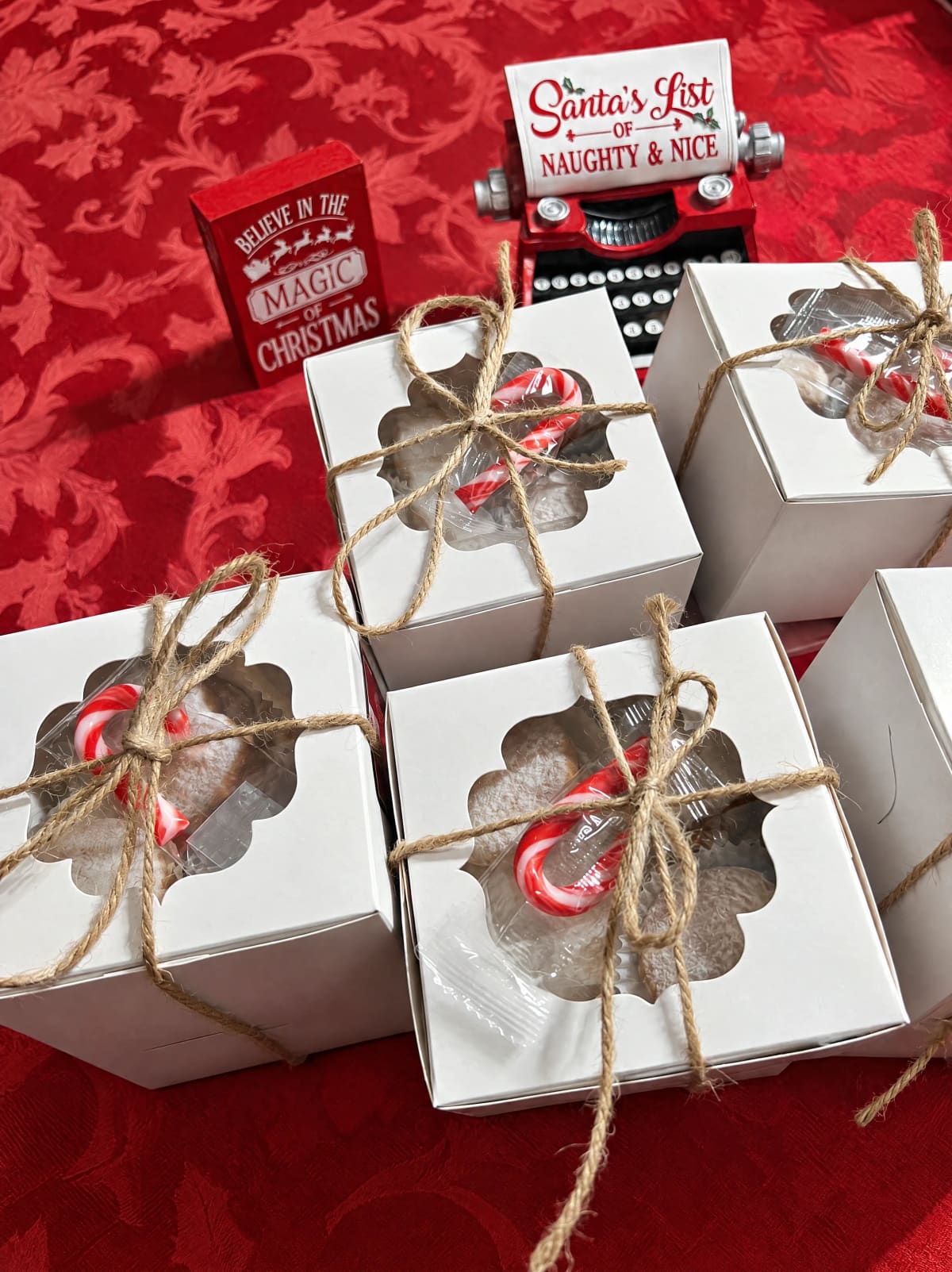 Boxed alfajores tied with twine and candy canes for the holidays