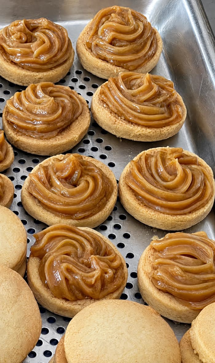 Close-up of alfajores filled with dulce de leche