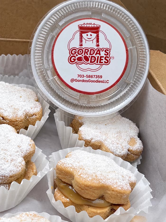 A box of Gorda's Goodies powdered-sugar alfajores with the brand label