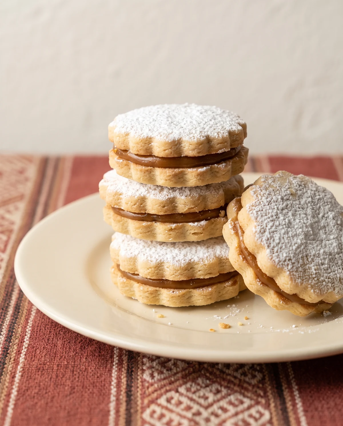 Alfajores styled on a cream plate with a Peruvian woven cloth